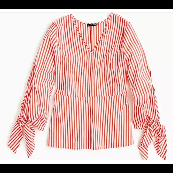 NWT J.Crew red white striped poplin tie-sleeve top - Picture 2 of 7